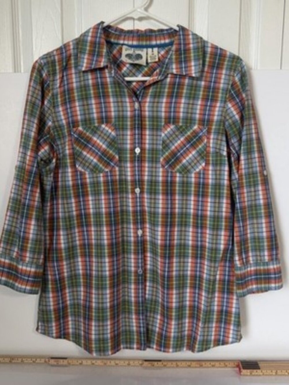 Girl Krazy Juniors M Multicolor Plaid 3/4 Sleeve Button Front Shirt